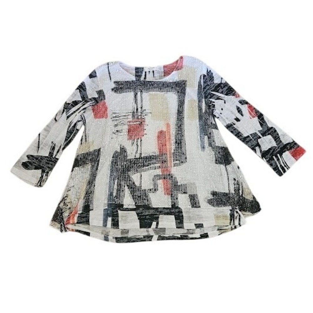 Jess & Jane Women Tunic Top Large Artsy Brushstroke Art White Black